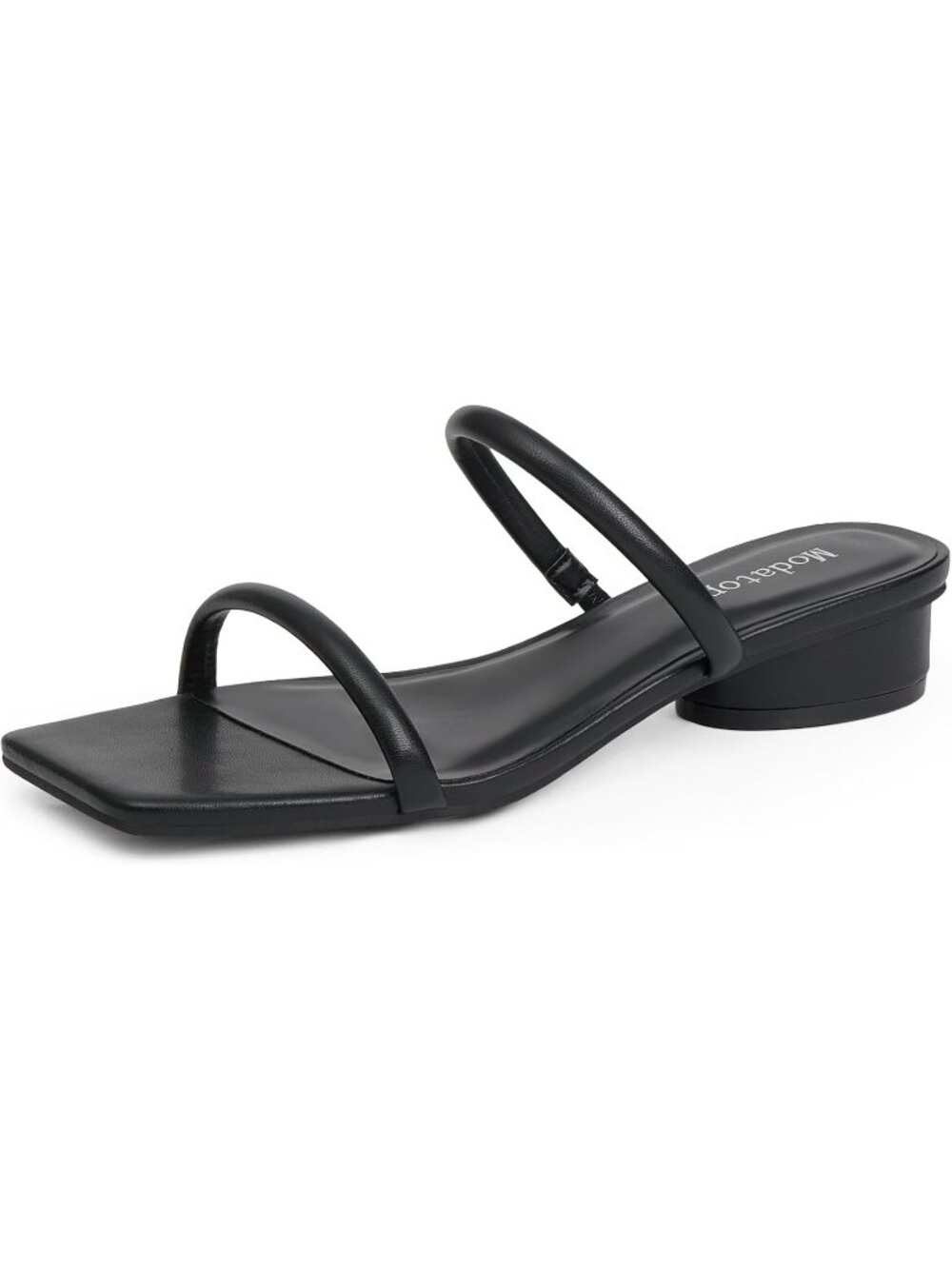 Women's Black Faux Leather Two Strap Chunky Square Open Toe Low Heel Sandals